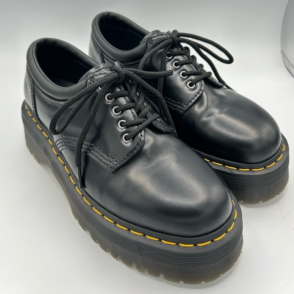 Dr. Martens Black Leather Platform Shoes with Yellow Stitching
